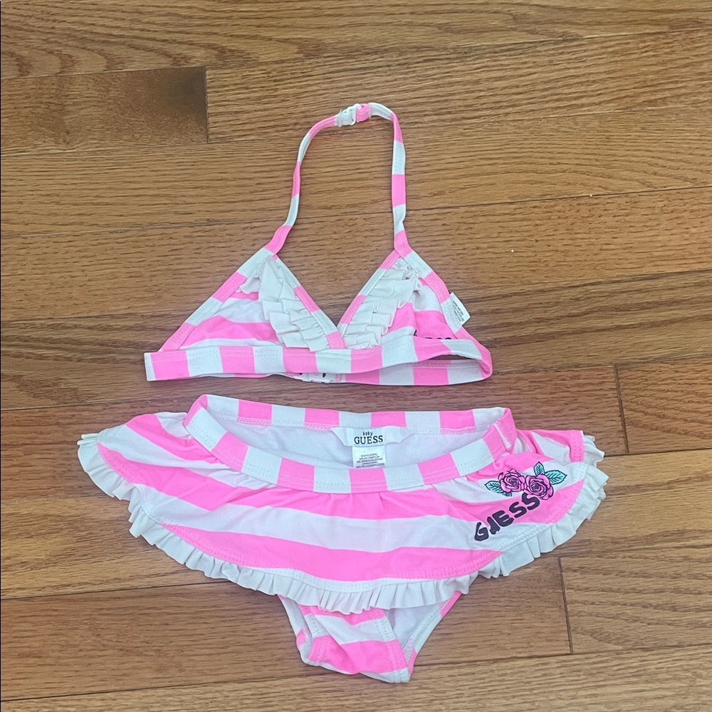 Guess Pink and White Striped Swimwear Set